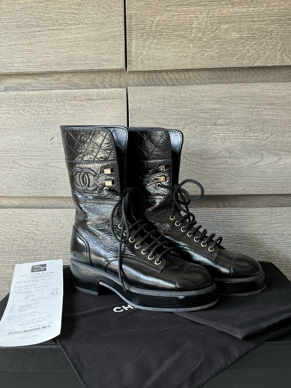 Chanel Black Leather Lace Up Combat Boots Size 37.5